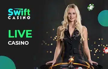 Swift Casino banner med dealer og branding